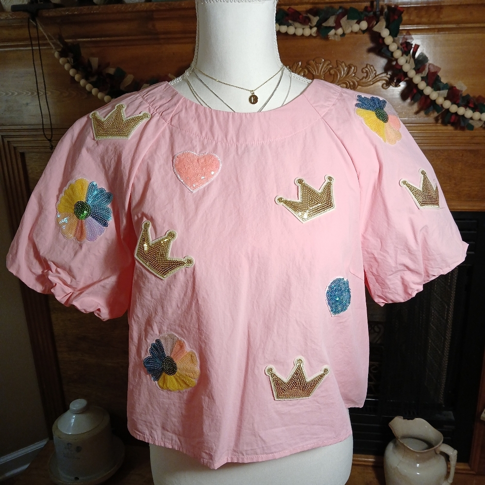 Mainstrip Crop Top With Puffed Sleeves & Sequined Embellishments